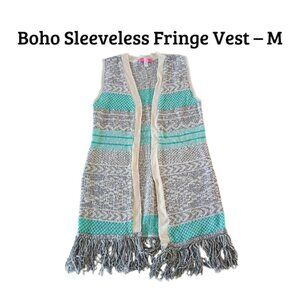 Boho Fringe Knit Vest Open Front Cardigan Size M